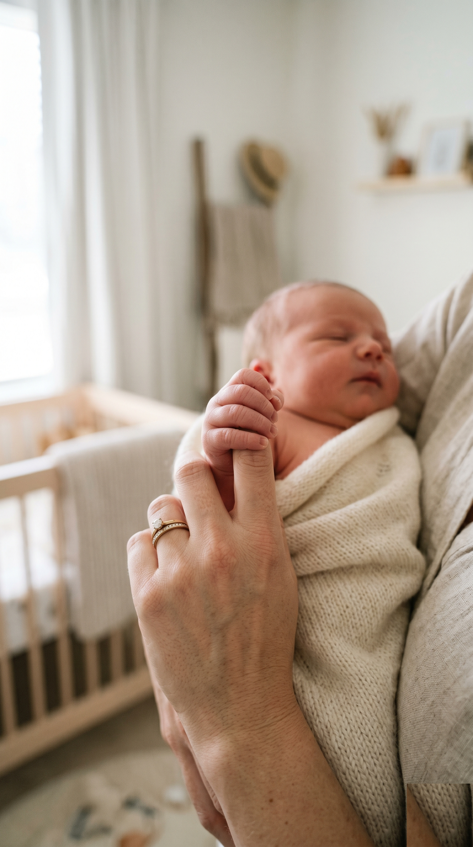 A newborn's hand wrapped around a parent's finger