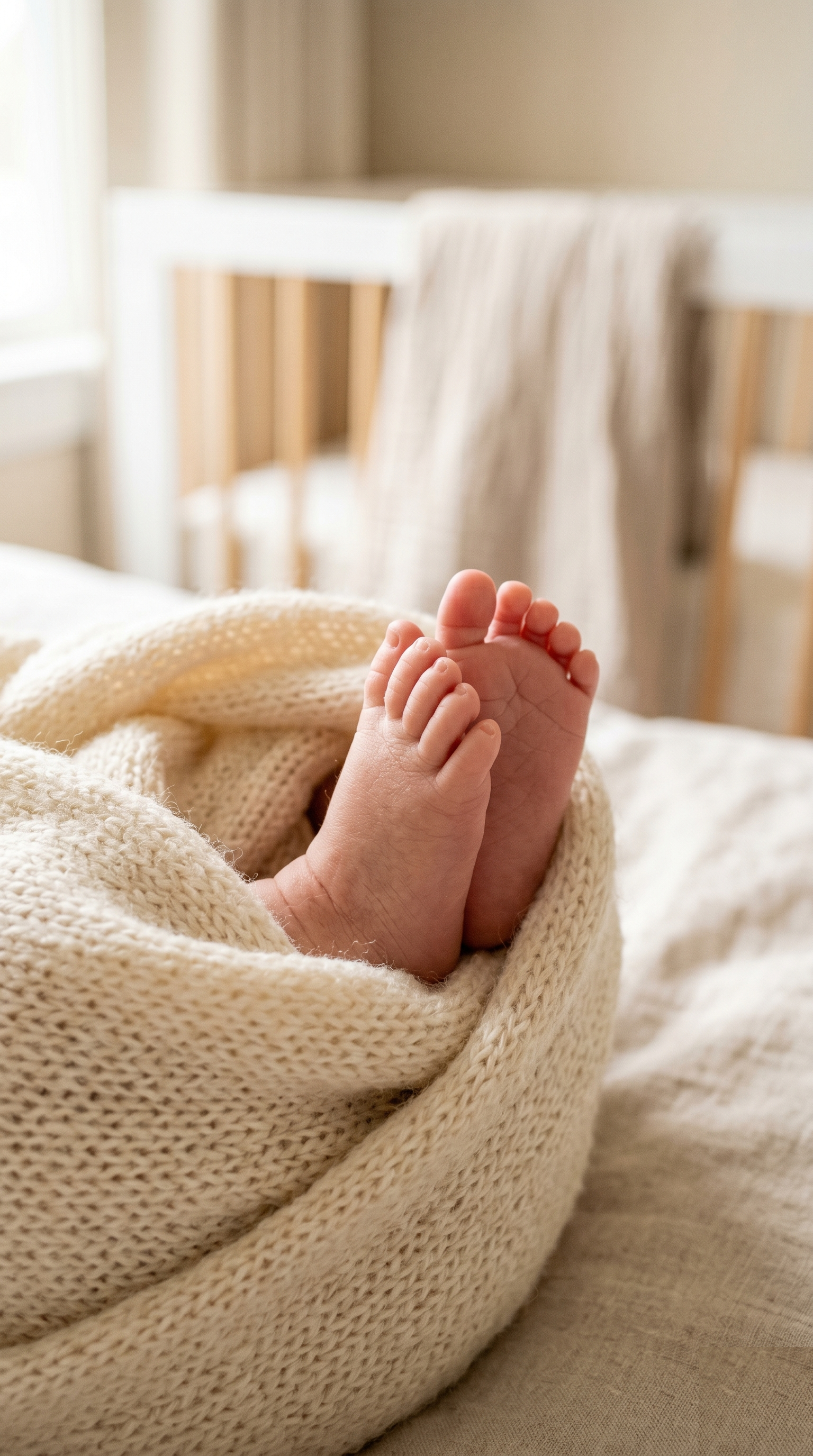 A newborn's tiny feet wrapped in a soft knit