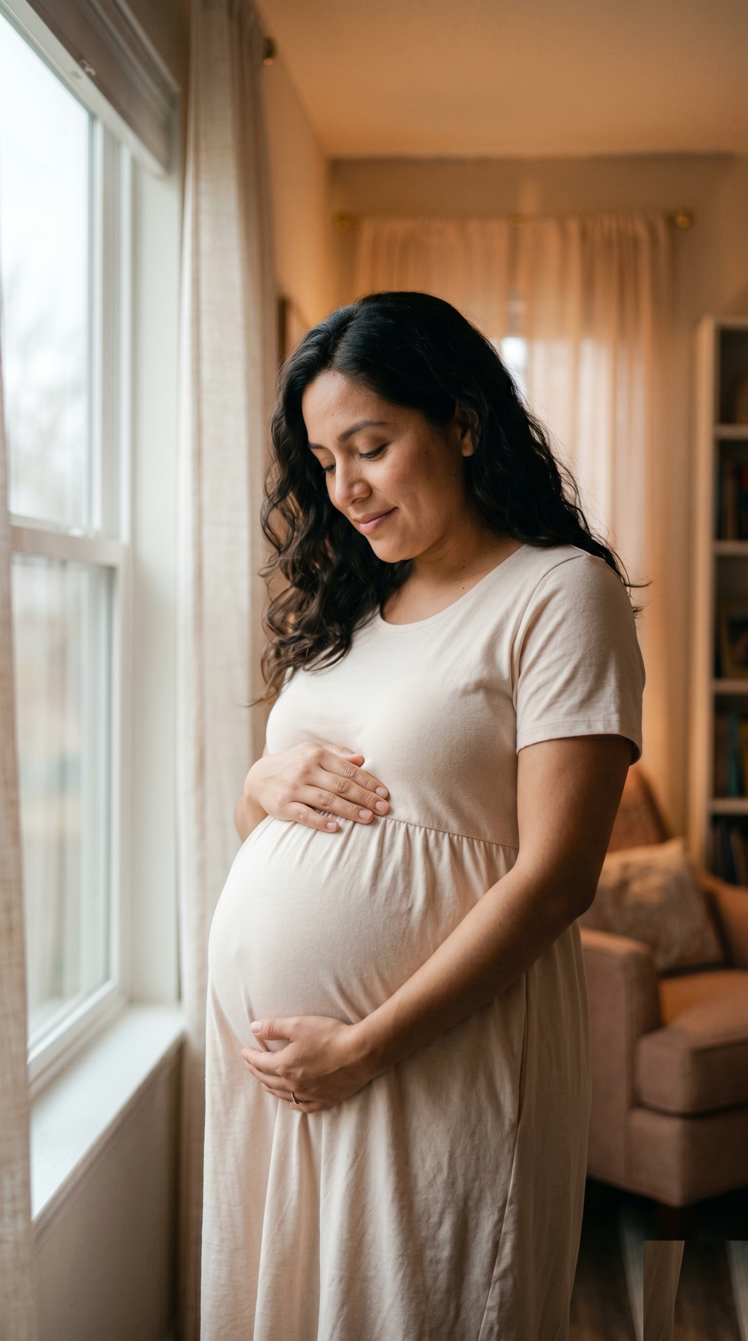 An expecting mother cradling her belly