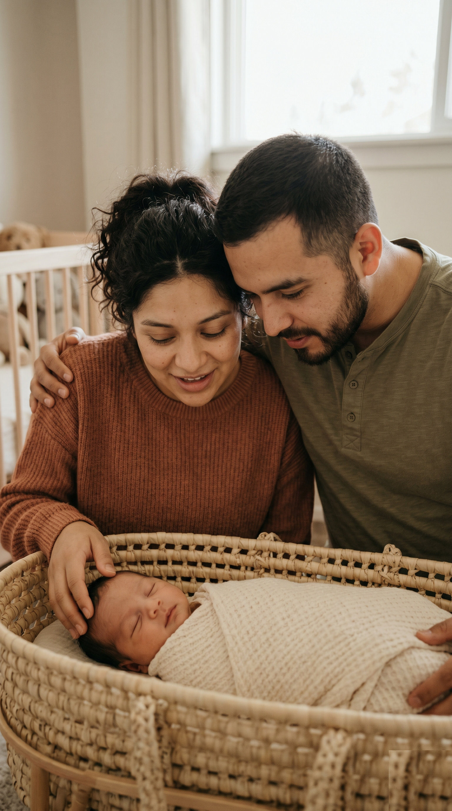 Parents looking down at their newborn in the bassinet